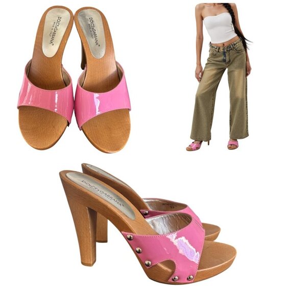 DOLCE & GABBANA D&G PINK LEATHER SLIDES SANDALS HEELS US 6-6.5/37 NIB Y2K - Picture 2 of 5